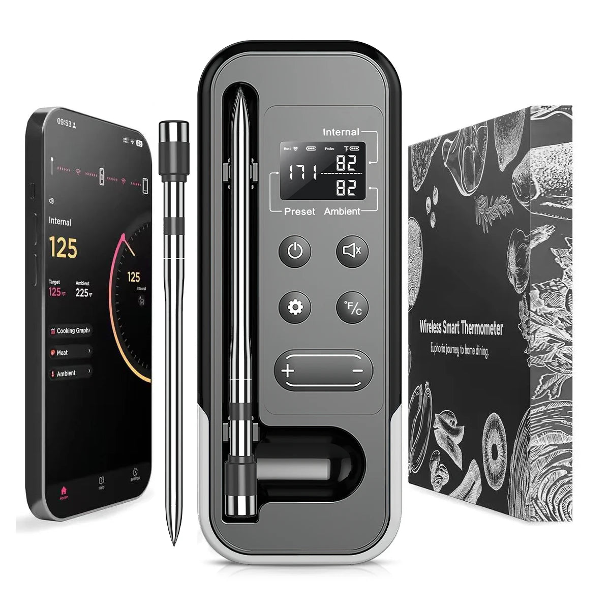 Moktan Sabai Smart Bluetooth BBQ Meat Thermometer Wireless Probe Grill Oven Alarm black