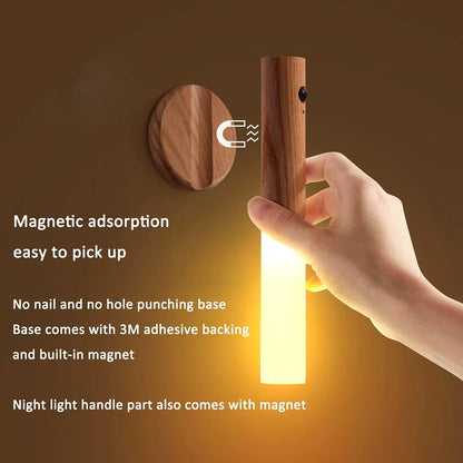 Rechargeable Motion Sensor Wall Sconce – Magnetic Wooden Night Light for Bedroom