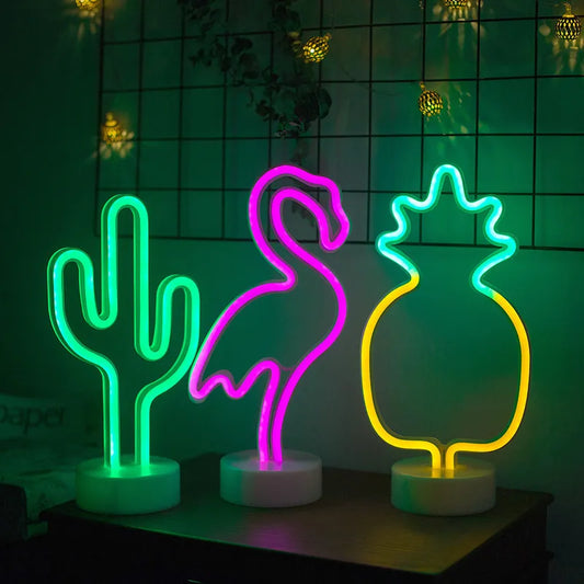 Neon Night Light USB Battery Table Lamp Flamingo Cactus Room Decor for Bedroom