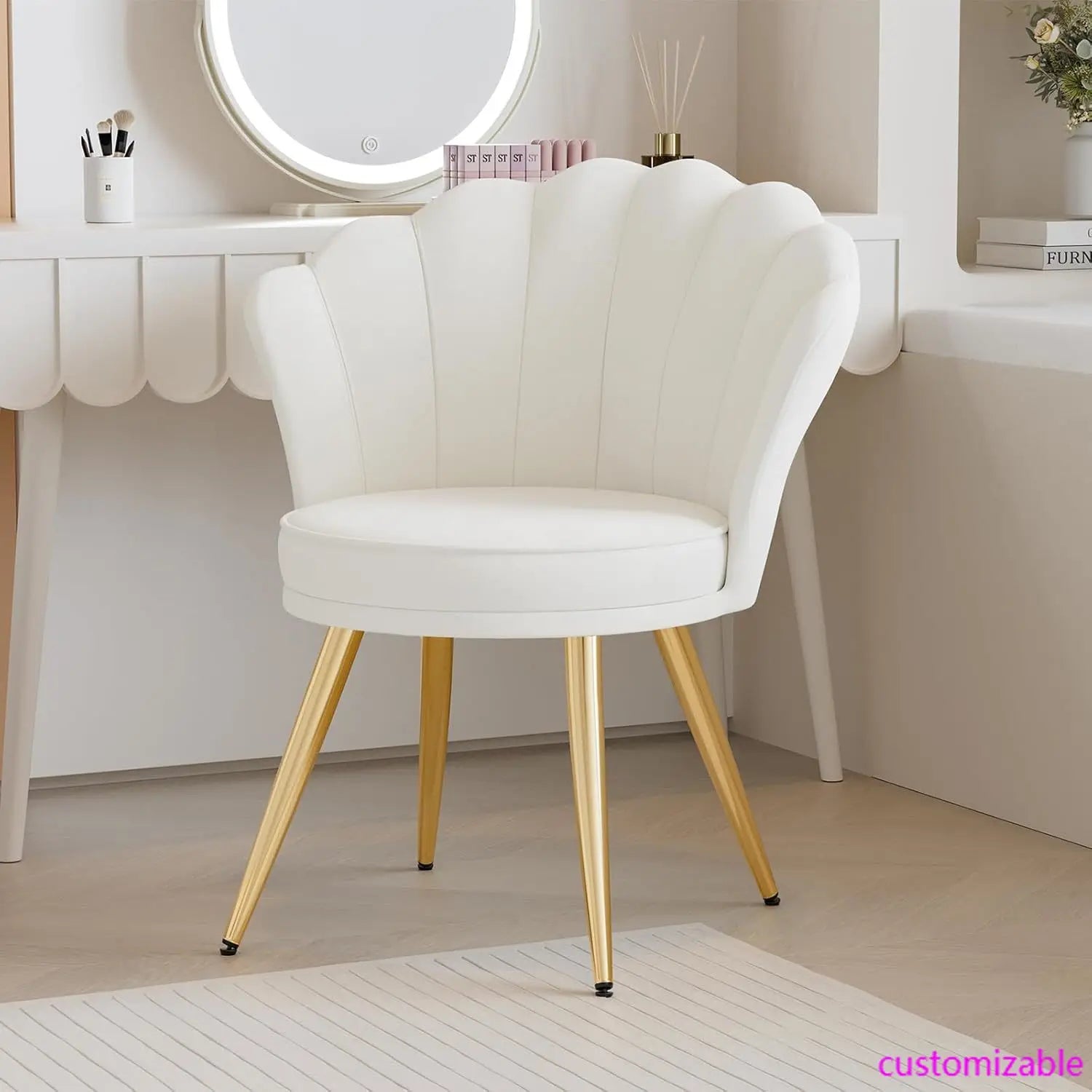 Moktan Sabai Velvet Accent Chair Gold Metal Legs Upholstered Vanity Chair for Living Room White
