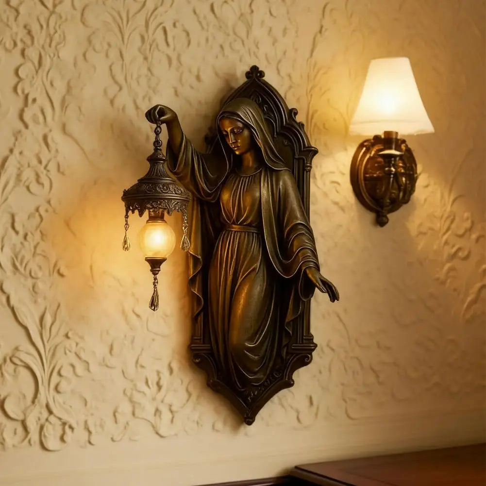 Moktan Sabai Vintage Mermaid Wall Lamp Resin Virgin Mary Statue Night Light Home Decor