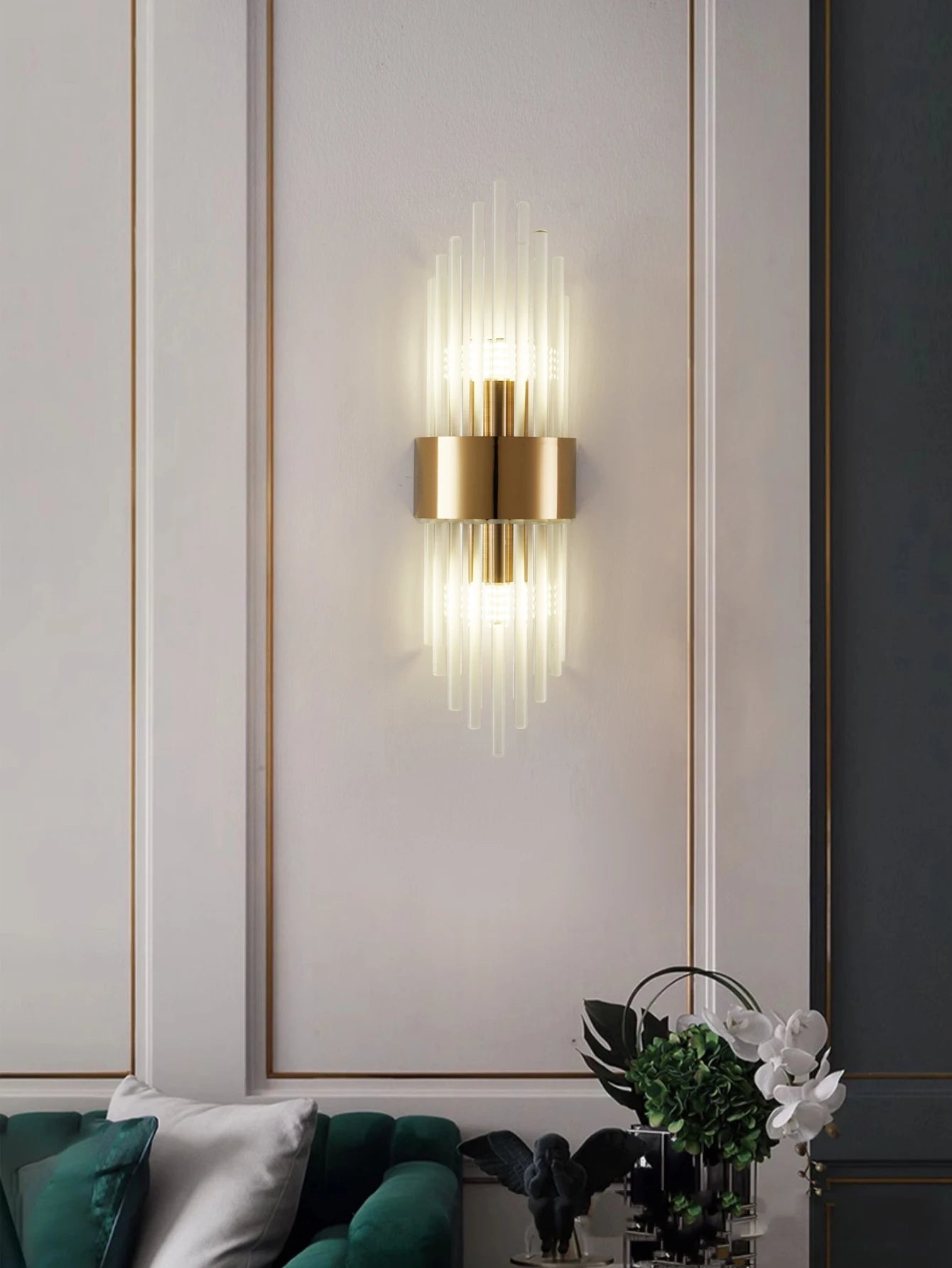 Moktan Sabai Crystal Wall Sconce G9 – Gold/Black Stainless Steel Light for Bedroom & Living Room