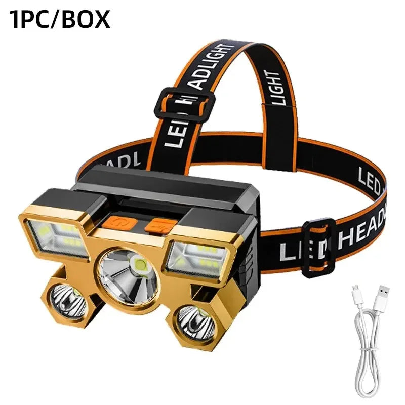 Moktan Sabai Rechargeable LED Headlamp for Fishing, Camping, Hiking – Powerful Head Flashlight XY501 Headlight gold