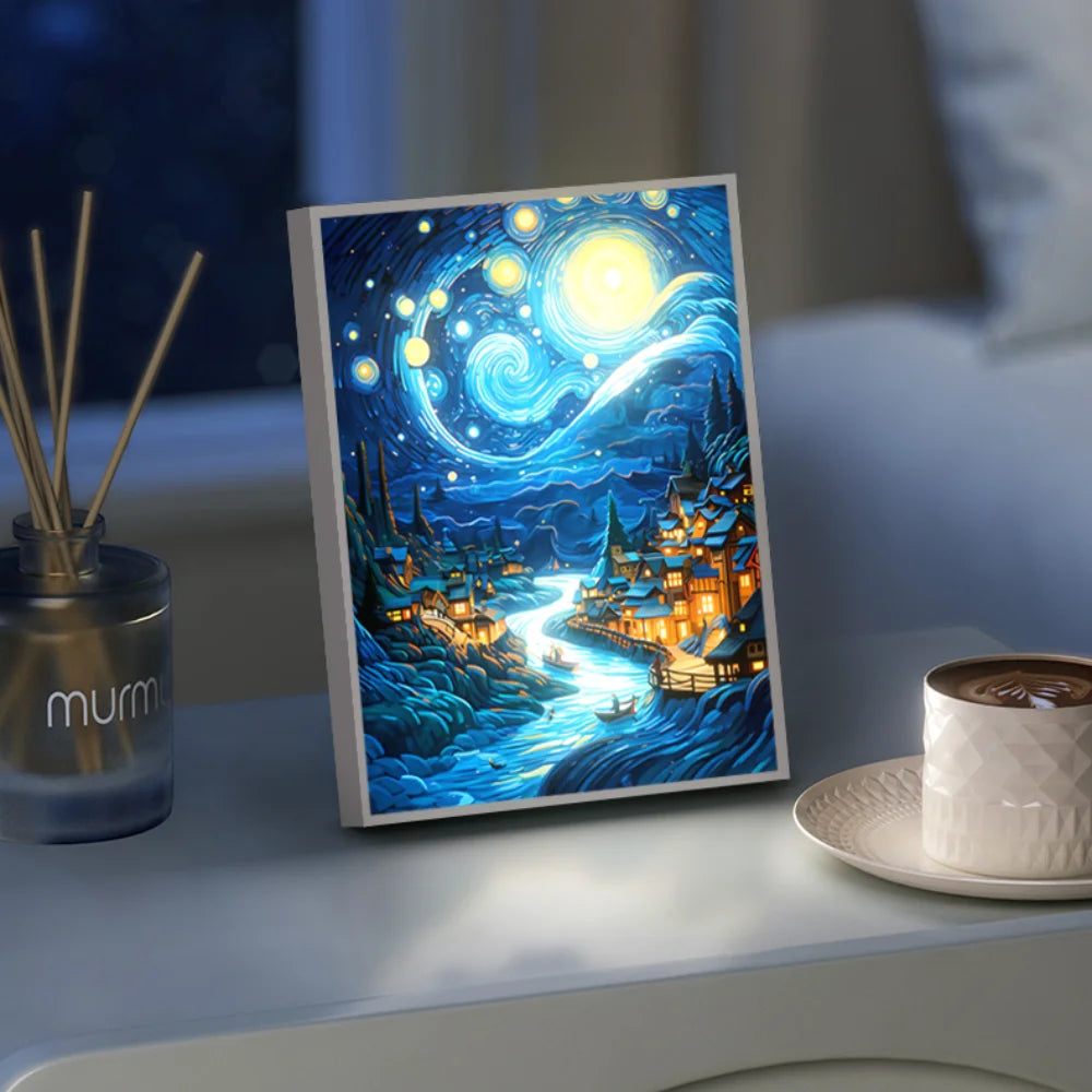 Moktan Sabai Starry Night LED Art Lamp 3D Night Light Van Gogh Style Aesthetic Room Decor Large(21.5x30.5cm)