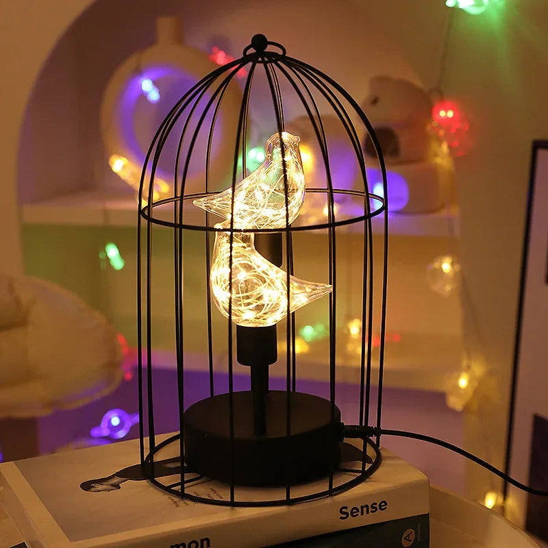 Moktan Sabai Birdcage Table Lamp Warm White Fairy Light Bird LED Bedroom Living Room Decor