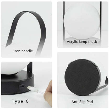 Portable Metal Table Lamp Rechargeable Dimmable 3 Color LED Bedside Desk Light