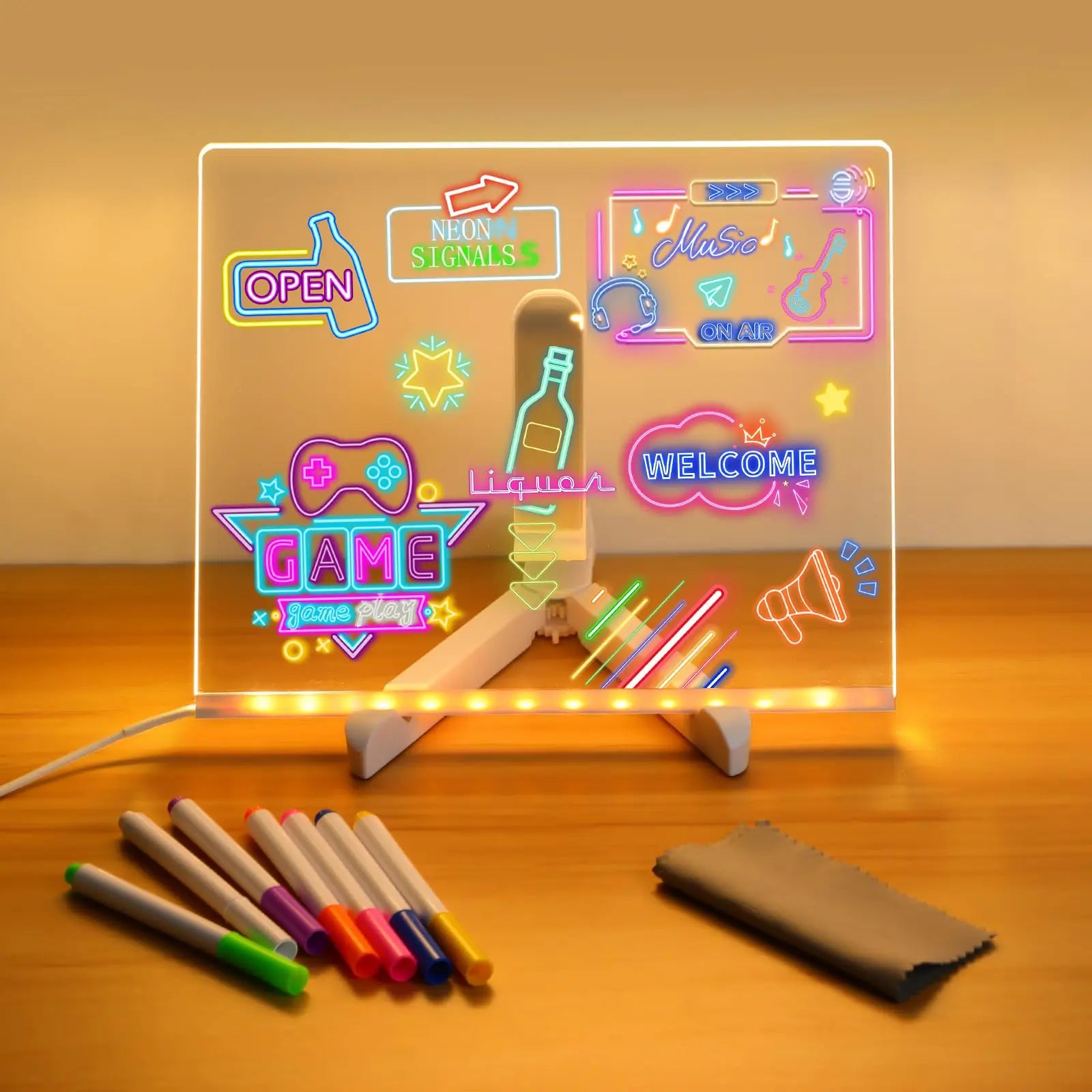 Moktan Sabai LED Kids Message Board – Colorful DIY Acrylic Drawing Board with 7 Pens Gift Small-15x15CM