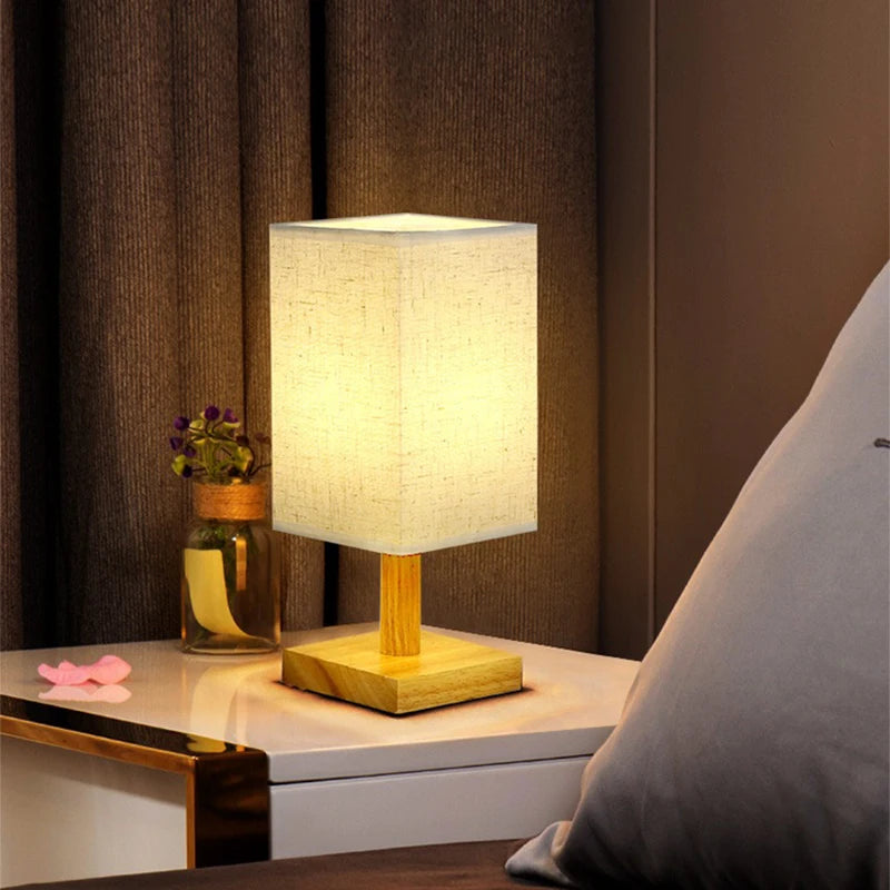 Dimmable LED Bedside Table Lamp Chinese Fabric Shade USB Night Light for Bedroom