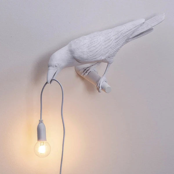 Moktan Sabai Crow Bird Wall Lamp – Resin Bedside Night Light for Bedroom & Living Room Decor White left US plug
