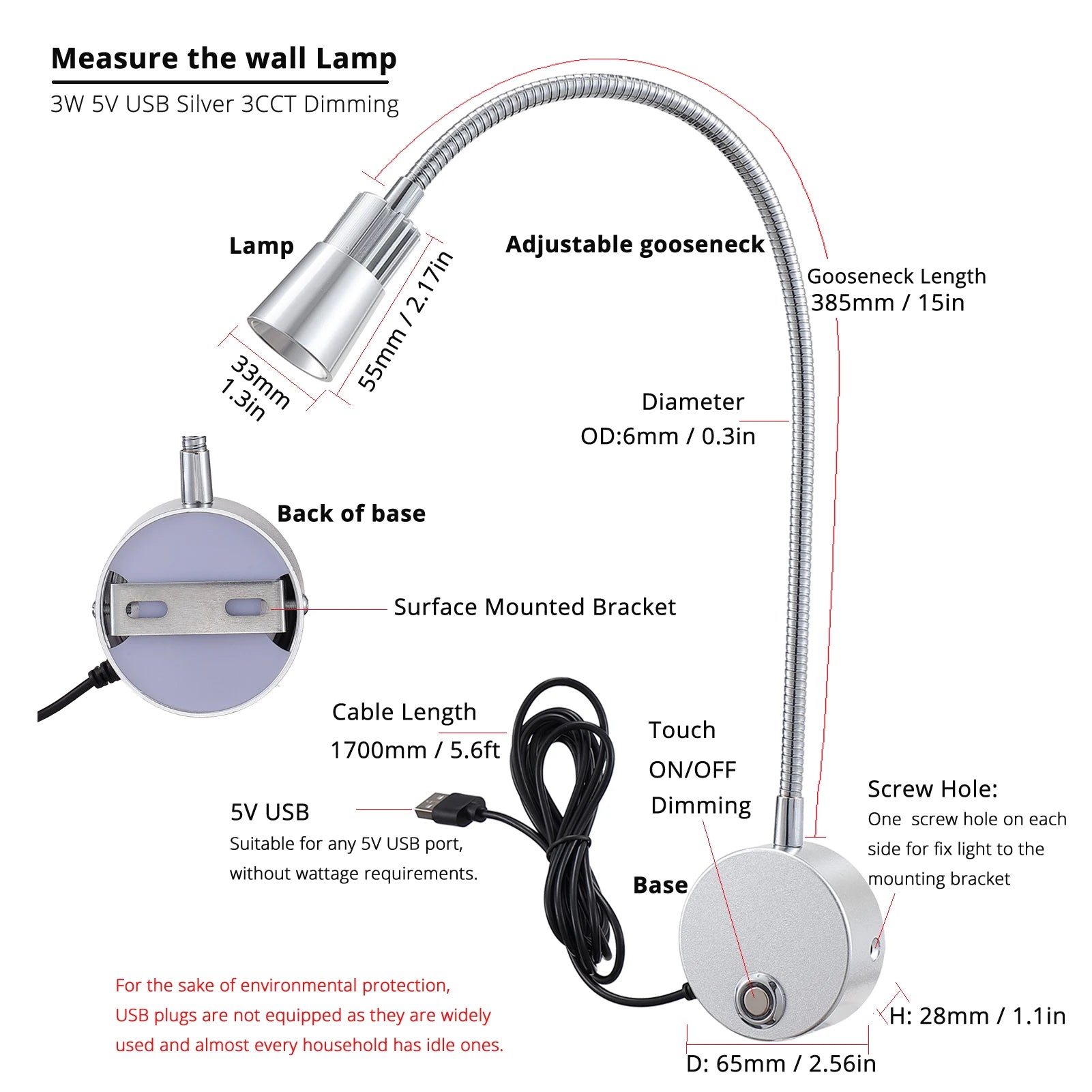 Moktan Sabai USB Wall Reading Lamp Dimmable Gooseneck Bedside Light 3CCT CRI98
