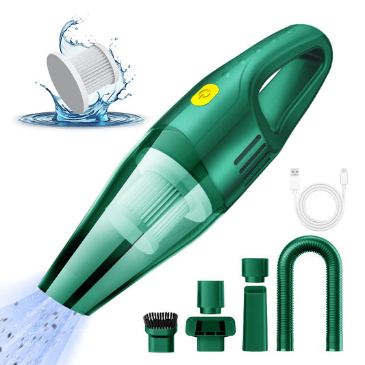Green handheld vacuum cleaner with attachments on a white background