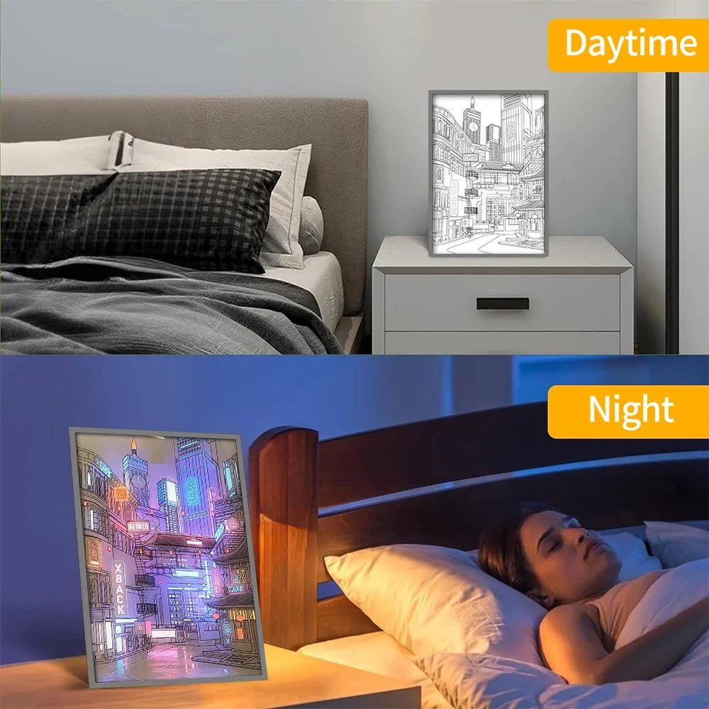 Moktan Sabai LED Cityscape Night View Light Painting USB Dimmable Wall Art Lamp Home Decor