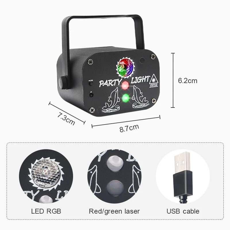 Moktan Sabai USB Laser Party Light Mini Projector 60 Patterns Sound Activated Disco Decor