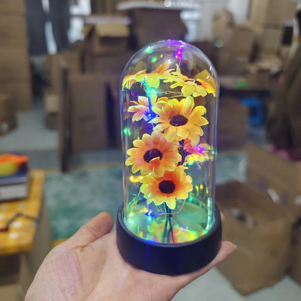 Moktan Sabai Sunflower LED Glass Dome Night Light Artificial Flower Graduation Gift Home Decor