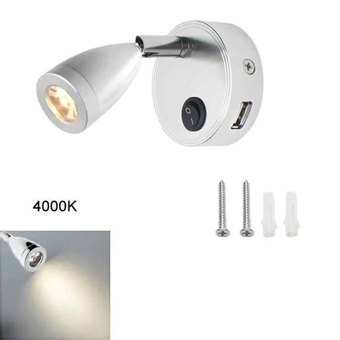 Moktan Sabai LED RV Reading Light 12V/24V with USB Port – Camper, Boat, Trailer Interior Lamp silver 4000K
