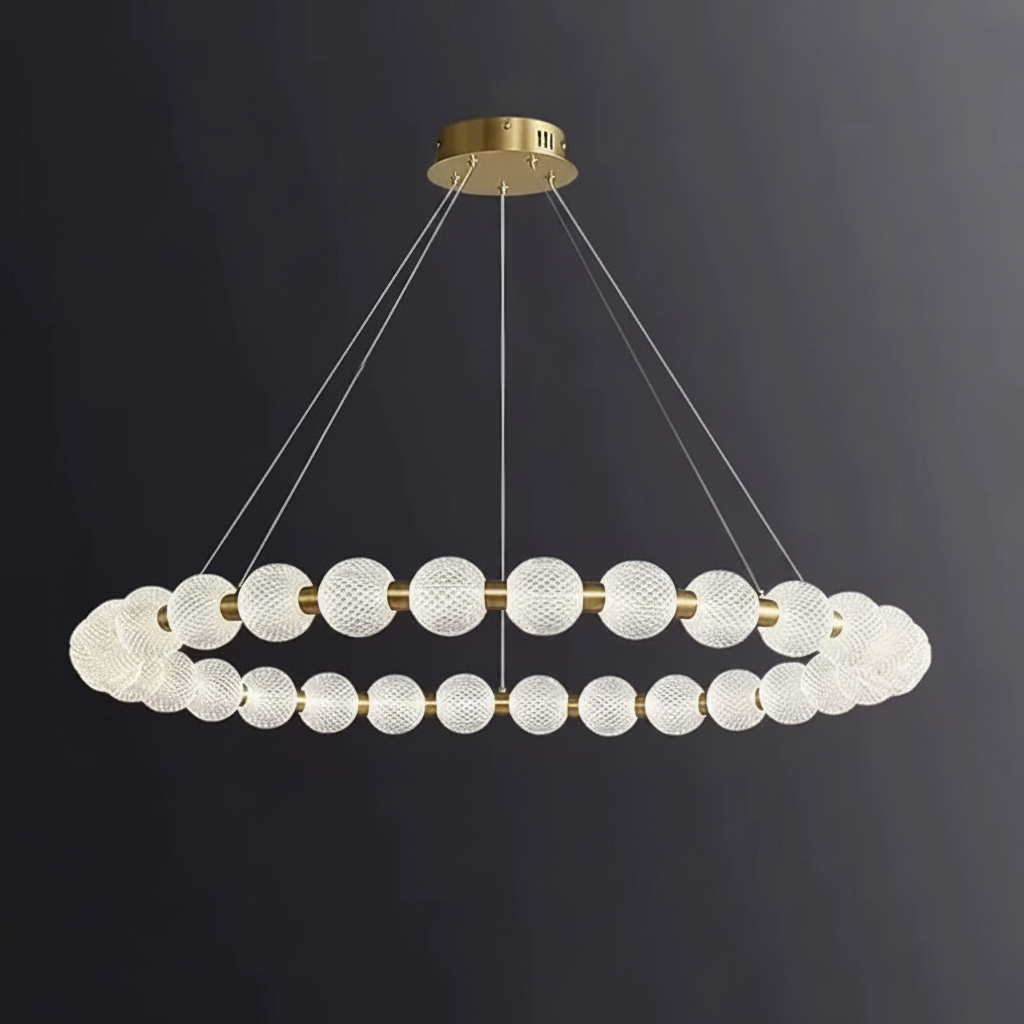 Moktan Sabai Alabaster Ring Chandelier – Gold Beaded LED Luxury Ceiling Light ∅39.4″ x H 2.4″ Gold & White