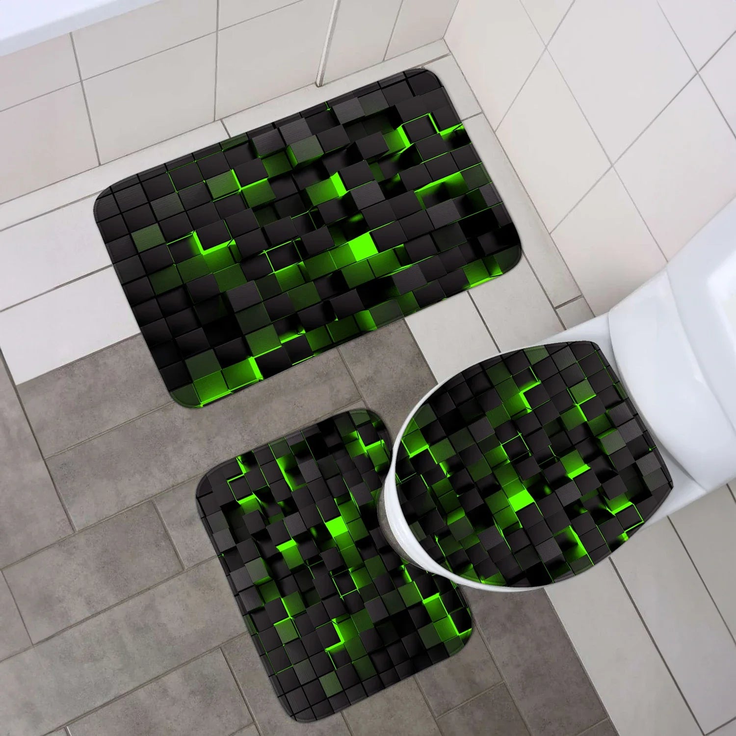 Moktan Sabai 4-Piece Waterproof Shower Curtain Set with Hooks & Bathroom Floor Mats Blue Black