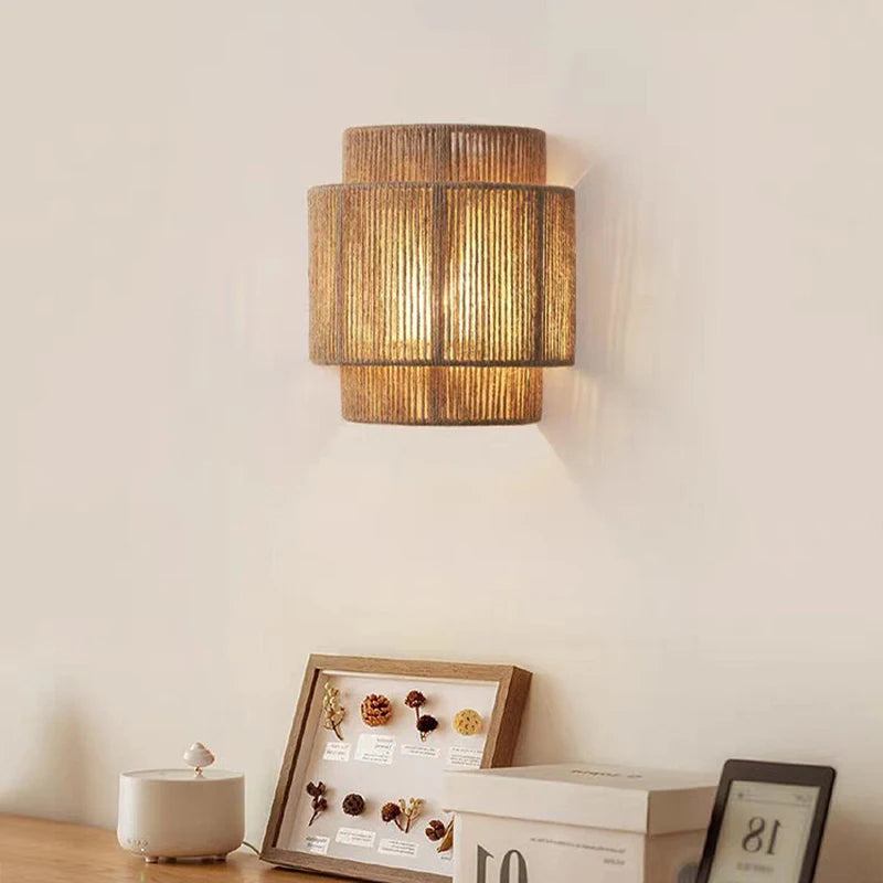 Moktan Sabai Vintage Rattan Wall Light E27 Handwoven Rope Sconce for Bedside Living Room