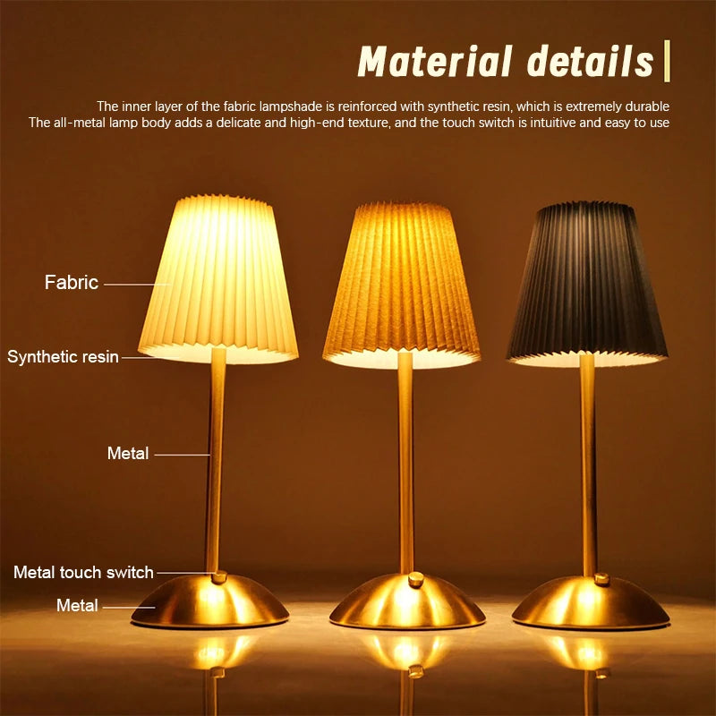Small Pleated Table Lamp USB Rechargeable Cordless Desk Light for Bedroom
