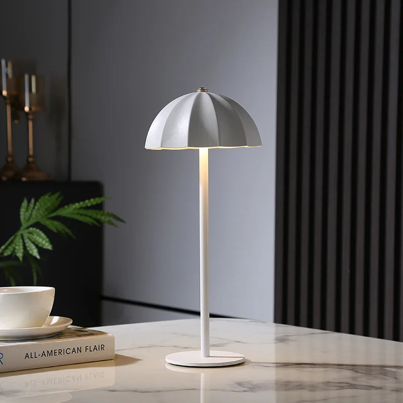 Moktan Sabai LED Metal Table Lamp Rechargeable Touch Dimmable Desk Lamp Umbrella Shade White