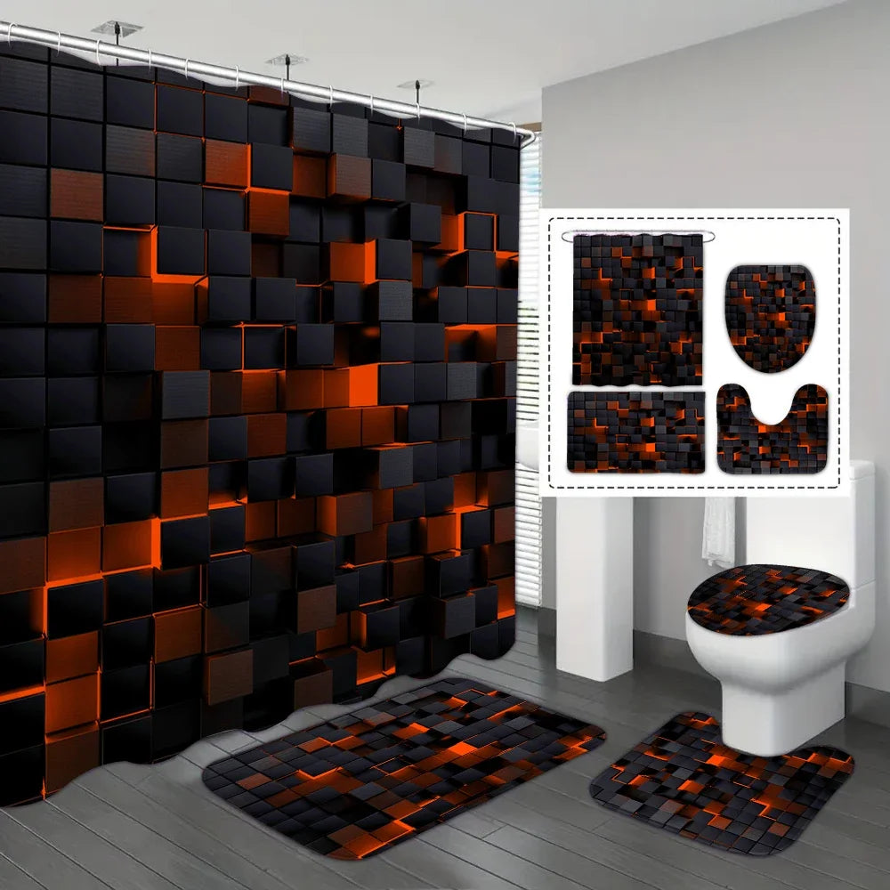 Moktan Sabai 4-Piece Waterproof Shower Curtain Set with Hooks & Bathroom Floor Mats Blue Black Dark Red-4pcs 180*180cm