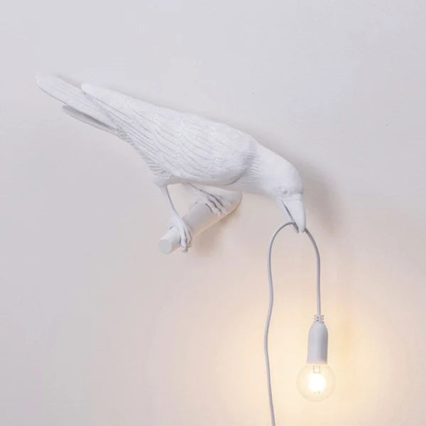Moktan Sabai Crow Bird Wall Lamp – Resin Bedside Night Light for Bedroom & Living Room Decor White right US plug