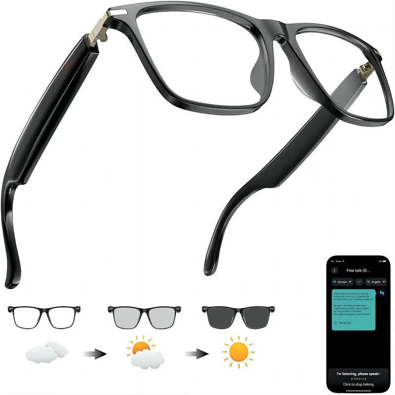 Moktan Sabai AI Translation Smart Glasses Photochromic Lenses Real Time 160+ Languages Black