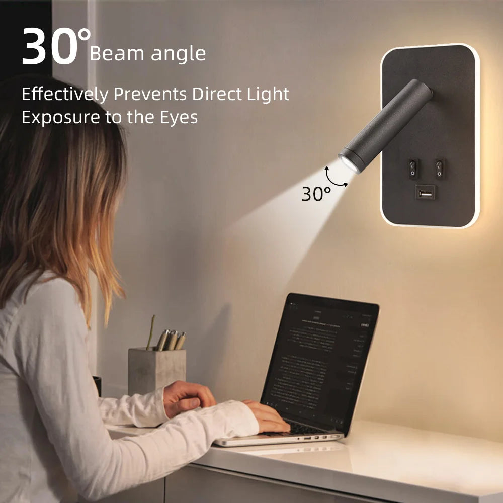Moktan Sabai Bedside LED Wall Reading Lamp with USB Port Switch Rotatable Wall Sconce