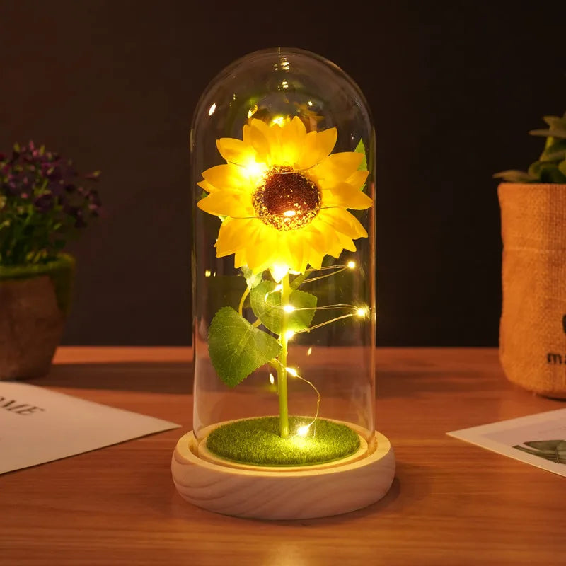 Moktan Sabai Sunflower LED Dome Lamp Artificial Flower Gift for Mom Grandma Home Decor A 21x11.5x9cm