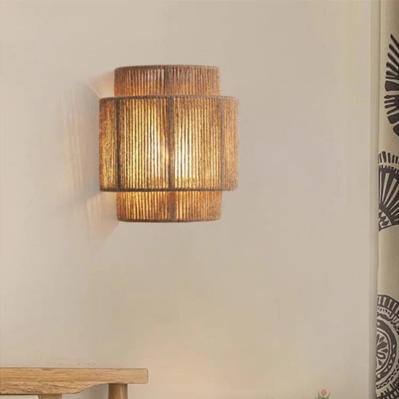 Moktan Sabai Vintage Rattan Wall Light E27 Handwoven Rope Sconce for Bedside Living Room