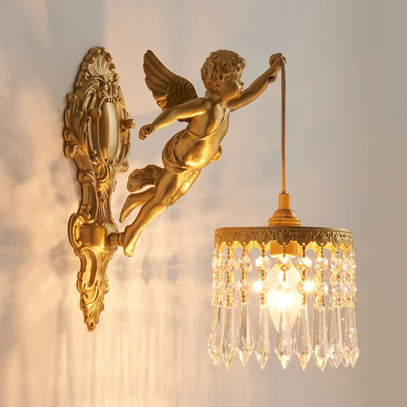 Moktan Sabai Brass Angel Wall Lamp Crystal Sconce Light Bedside Balcony Corridor Porch Decor