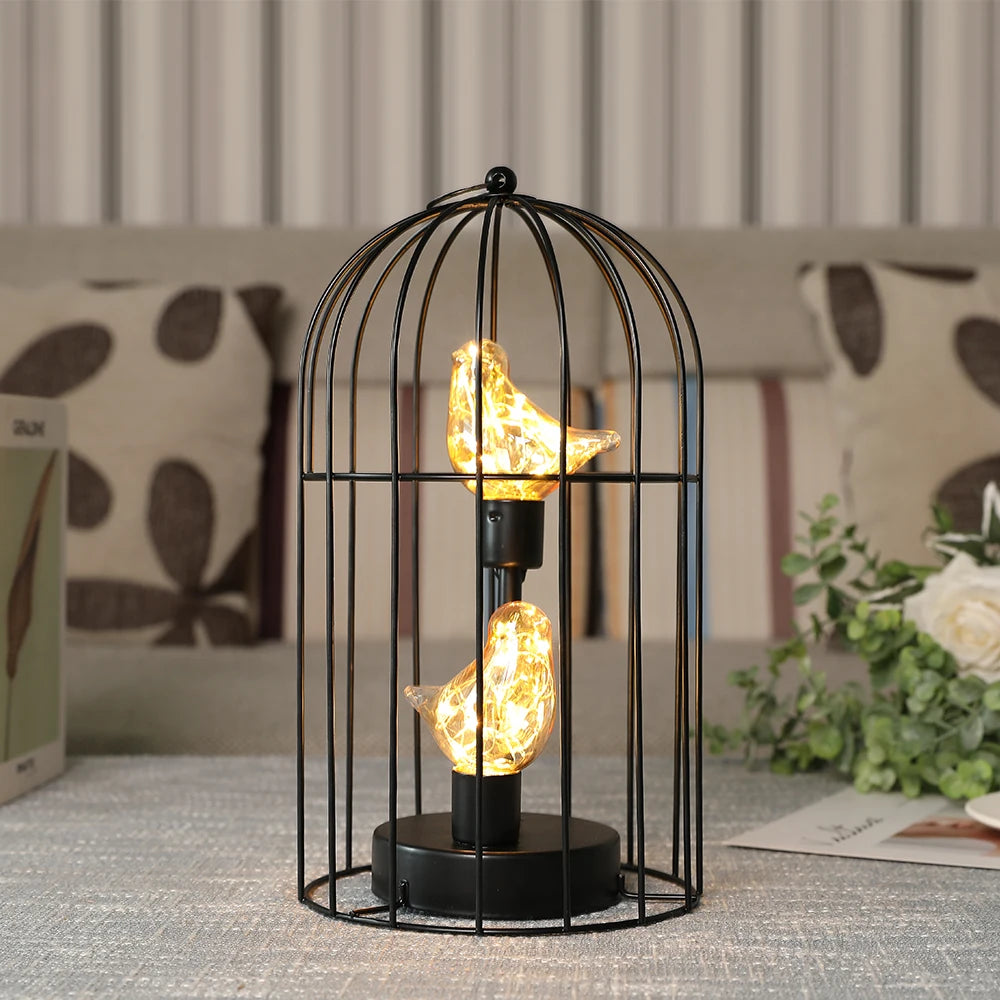 Moktan Sabai Birdcage Table Lamp Battery Operated Cordless Fairy Light Bird LED Home Decor