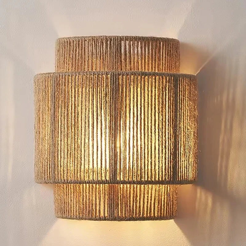 Moktan Sabai Vintage Rattan Wall Light E27 Handwoven Rope Sconce for Bedside Living Room