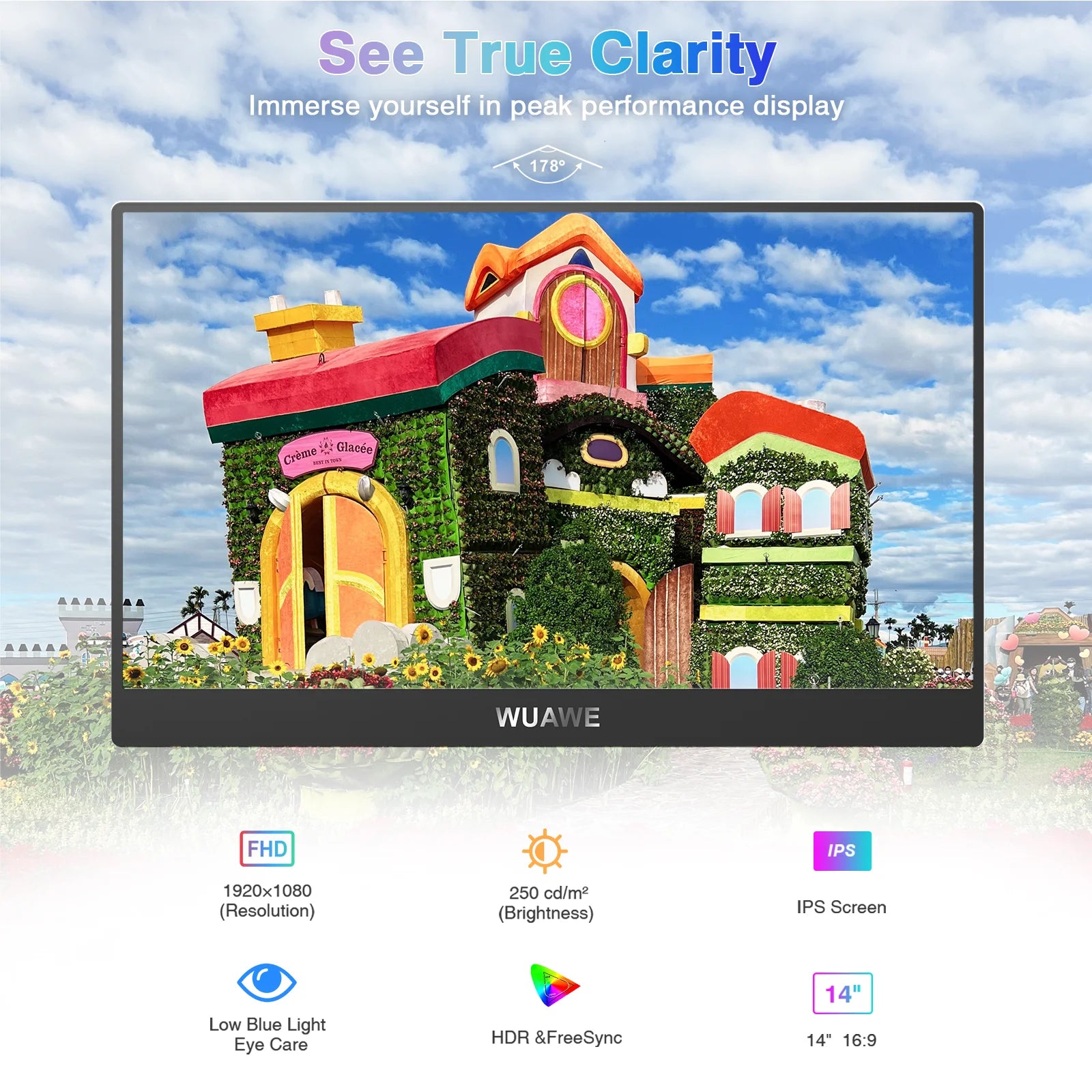 Moktan Sabai 14" Portable Monitor WUAWE 1080P USB-C HDMI External Second Screen PC Mac Phone