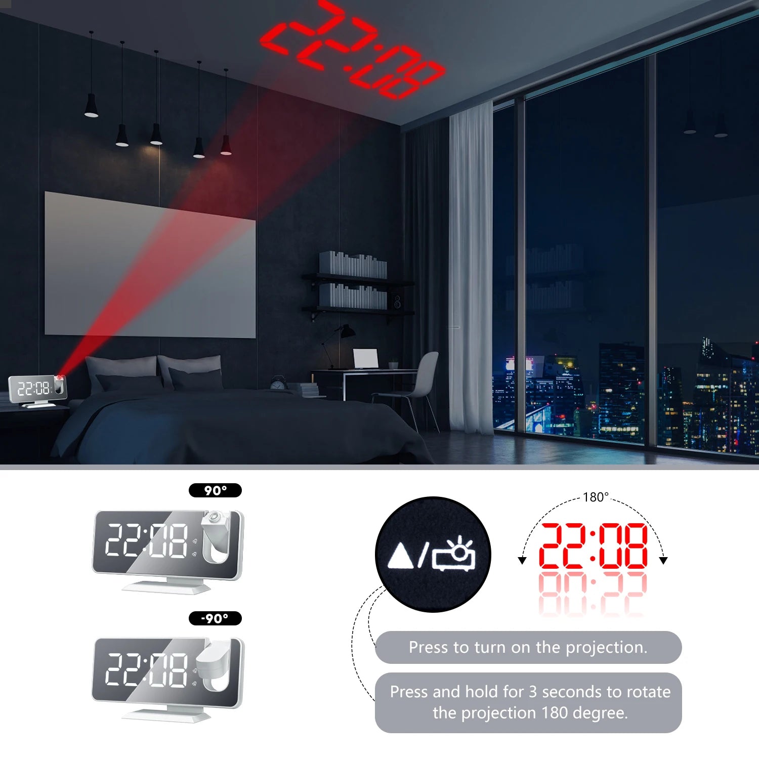 Moktan Sabai HD Projection Alarm Clock Large LED Display Digital Smart Radio Auto Dimming
