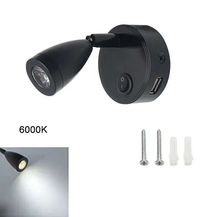 Moktan Sabai LED RV Reading Light 12V/24V with USB Port – Camper, Boat, Trailer Interior Lamp black 6000K