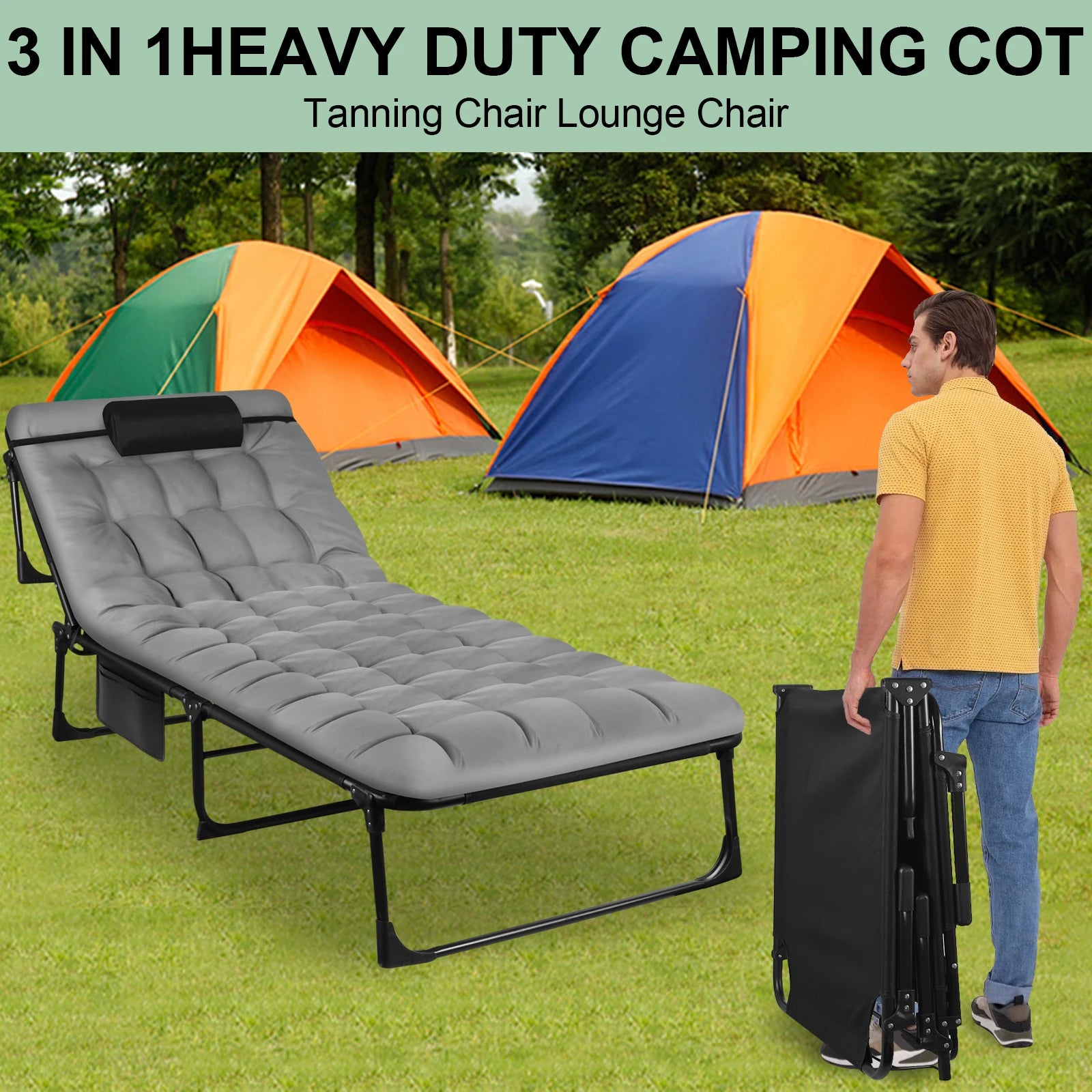 Moktan Sabai Portable Folding Camping Cot Adjustable Reclining Lounge Chair with Pillow