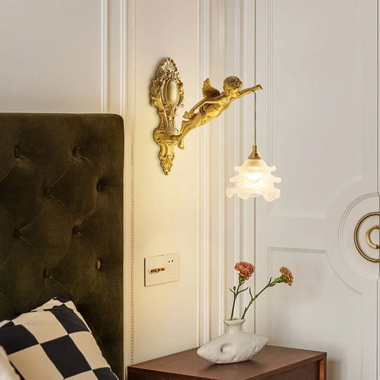 Moktan Sabai Brass Angel Wall Lamp Crystal Sconce Light Bedside Balcony Corridor Porch Decor