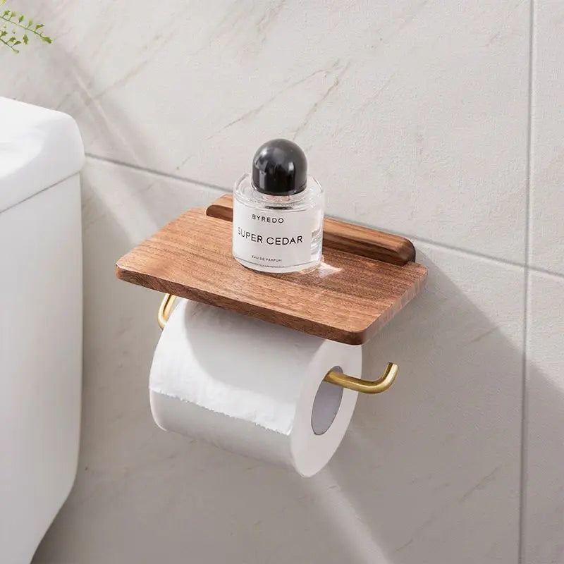 Moktan Sabai Walnut Wood Toilet Paper Holder with Shelf Brass Bathroom Rack