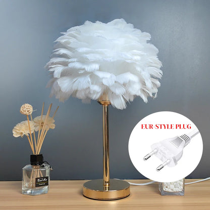 White Feather Table Lamp Plug-In Romantic Bedside Night Light for Girls Room Decor