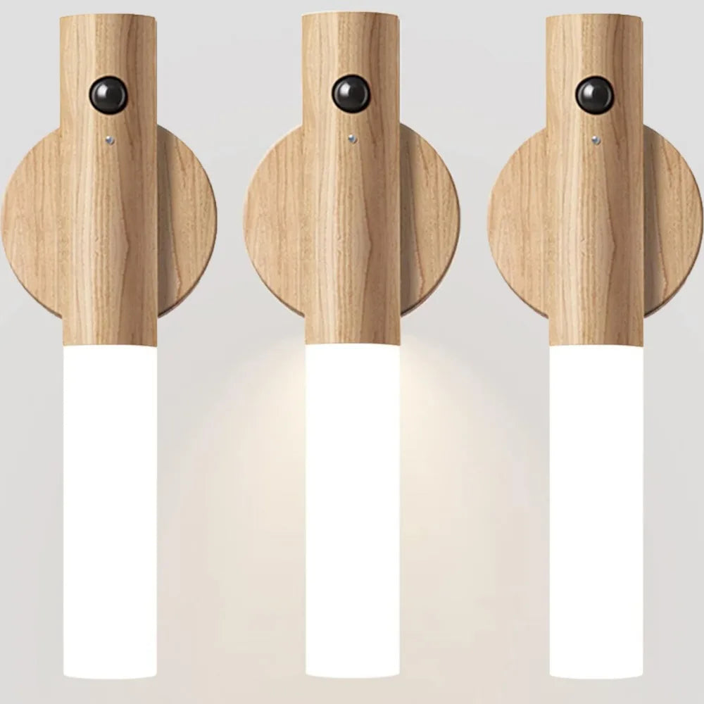 Rechargeable Motion Sensor Wall Sconce – Magnetic Wooden Night Light for Bedroom