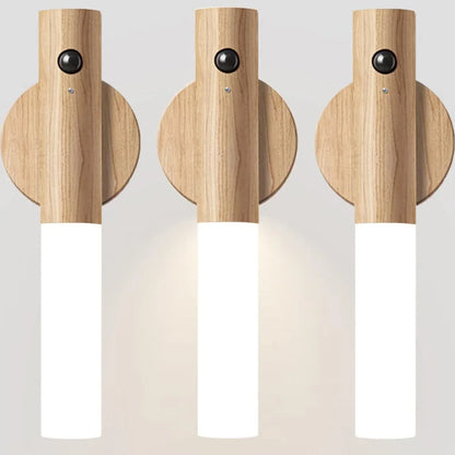 Rechargeable Motion Sensor Wall Sconce – Magnetic Wooden Night Light for Bedroom