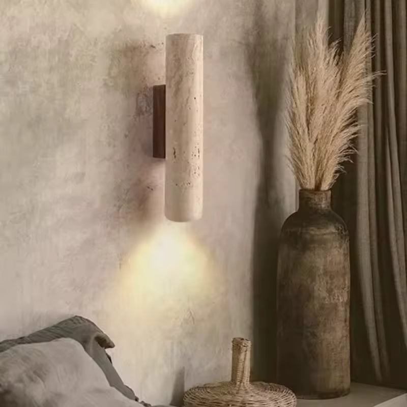 Moktan Sabai Modern Travertine Marble Cylinder LED Wall Sconce Warm White