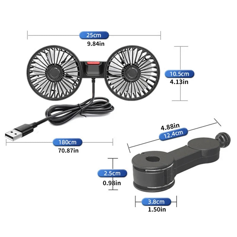 Moktan Sabai Portable Dual-Head USB Fan for Car with 360° Rotation & 3 Speed Settings for Ultimate Comfort