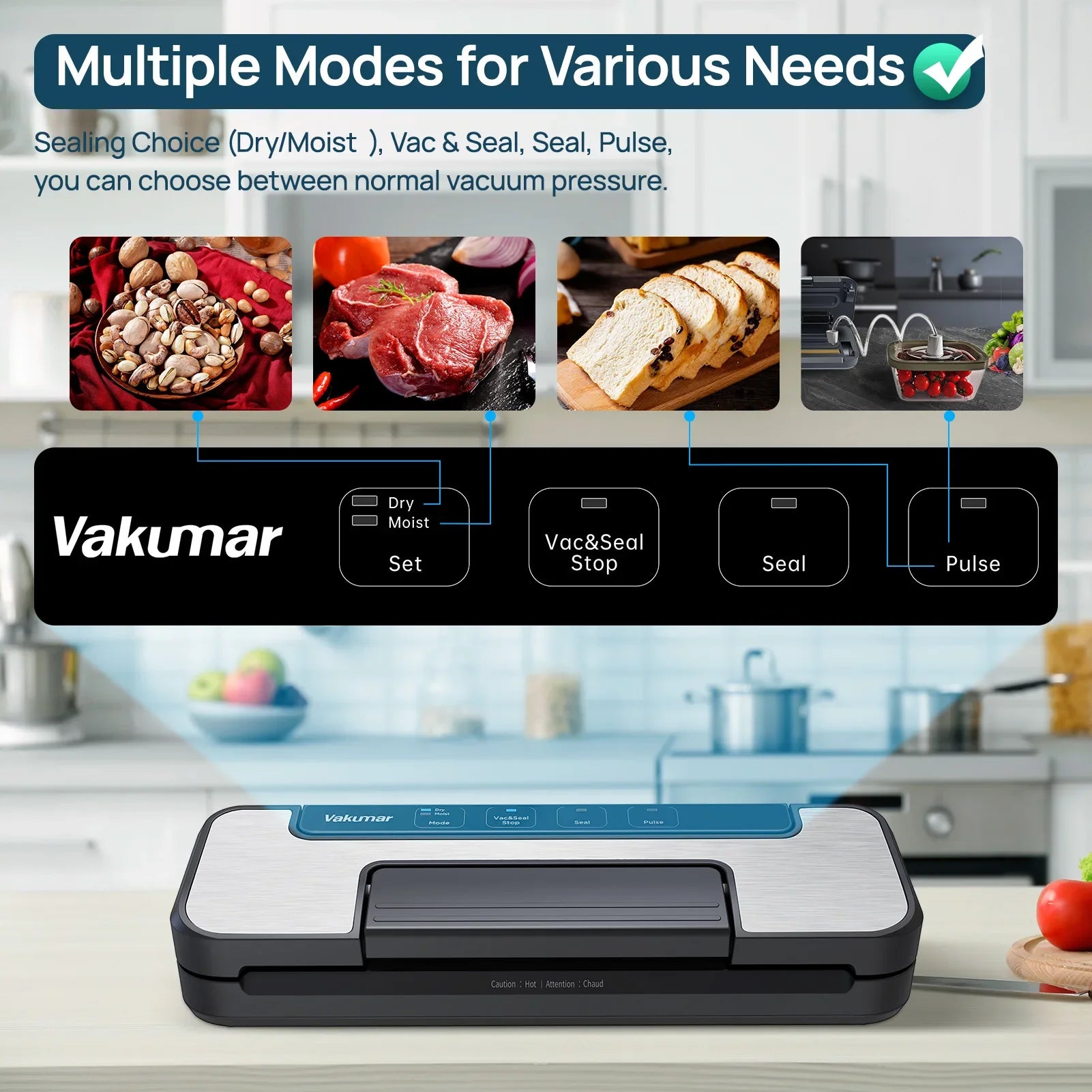 Moktan Sabai Vacuum Sealer Machine 80Kpa Sous Vide Food Saver Handle Type Multifunctional VH1506