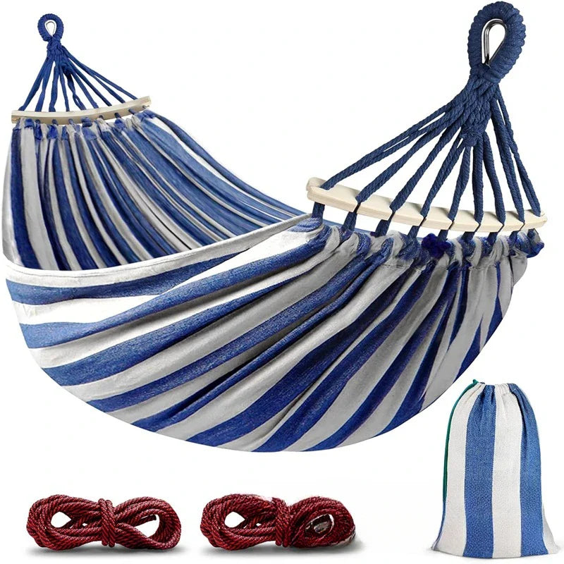 Moktan Sabai Double Canvas Hammock with Wooden Spreader Bars Anti-Roll Portable 220×150cm Blue