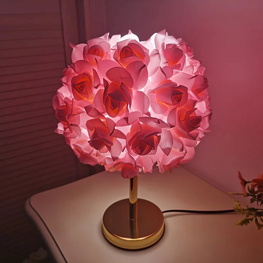 LED Rose Flower Table Lamp Bedside Night Light Metal Base Living Room Decor