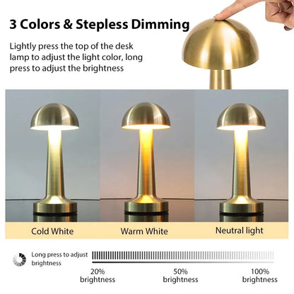 Retro LED Mushroom Table Lamp USB Rechargeable Dimmable Bedside Desk Light