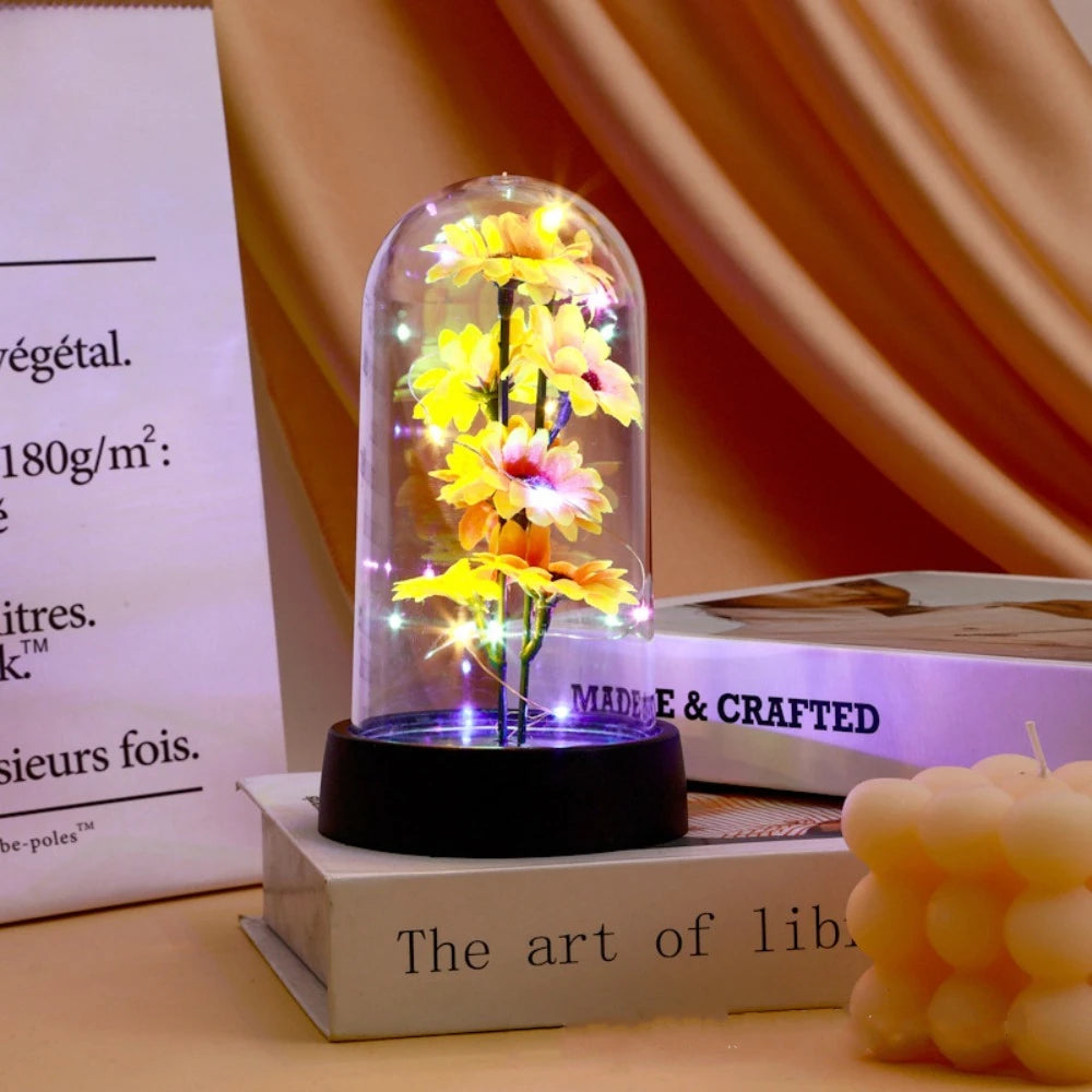 Moktan Sabai Sunflower LED Glass Dome Night Light Artificial Flower Graduation Gift Home Decor Colorful