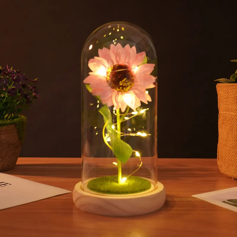 Moktan Sabai Sunflower LED Dome Lamp Artificial Flower Gift for Mom Grandma Home Decor B 21x11.5x9cm